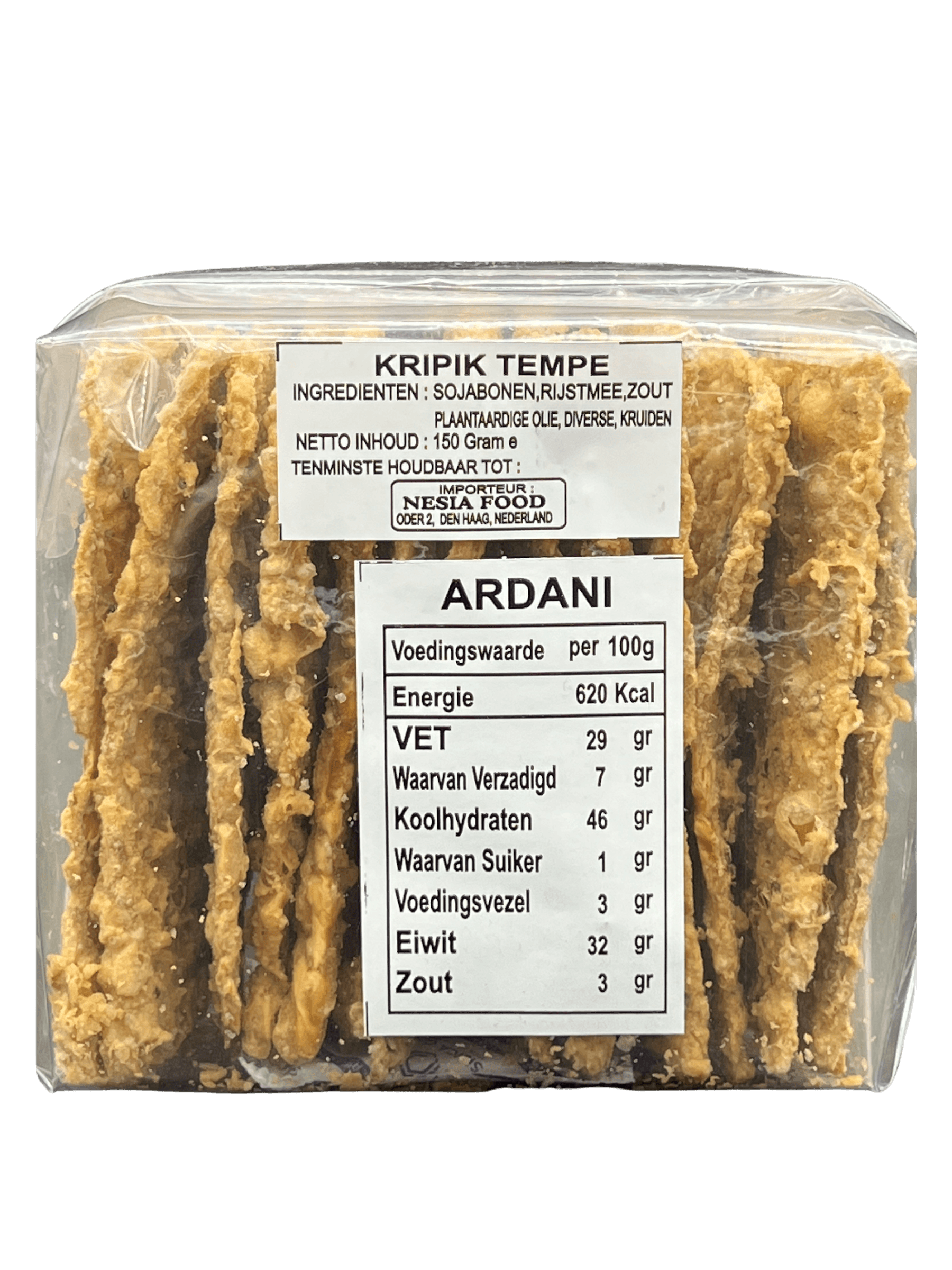 Knusprige Ardani Keripik Tempeh Chips von Nesia, goldbraun und knusprig, auf weißem Hintergrund.