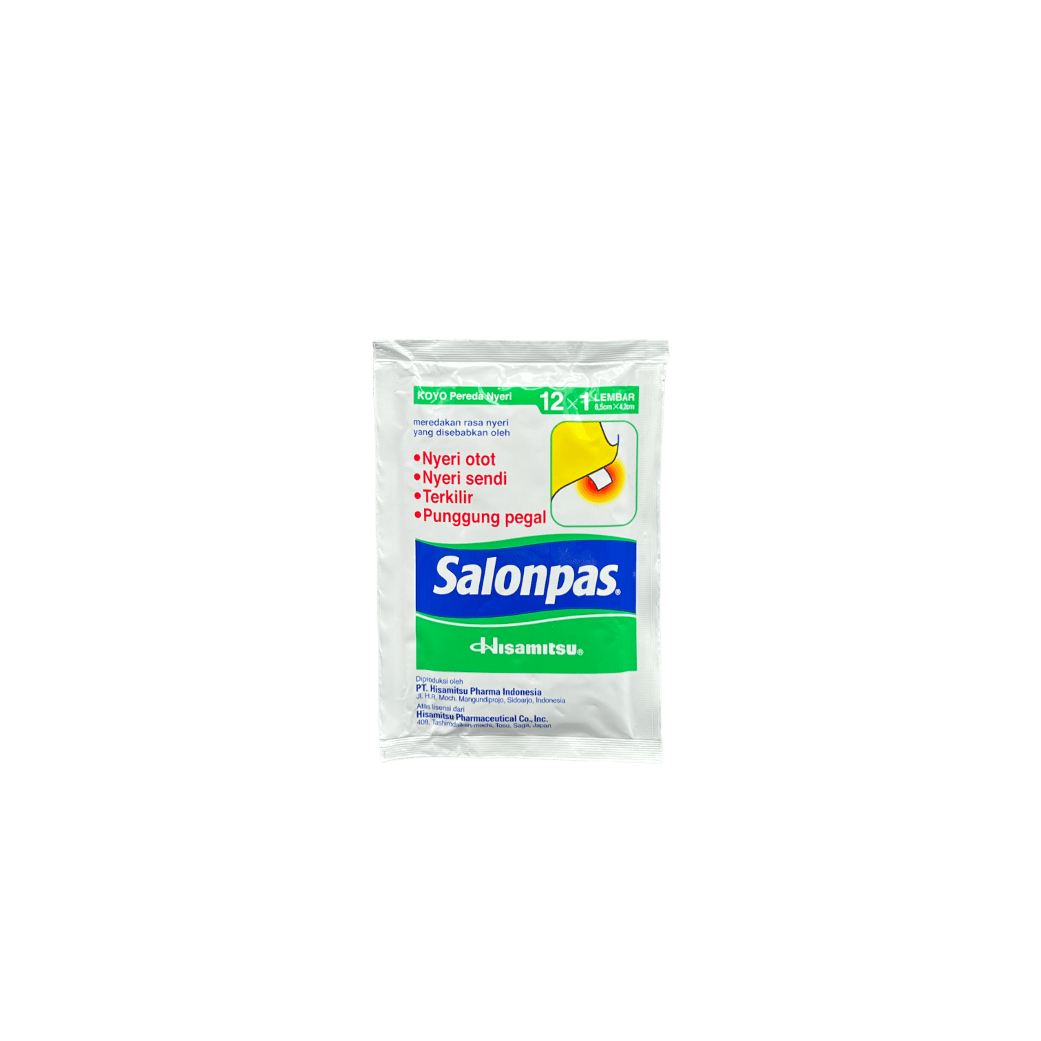 Warmpflaster von Nesia Food, Salonpas Koyo Pereda Nyeri, zur Linderung von Muskelschmerzen, auf der Haut aufgebracht.
