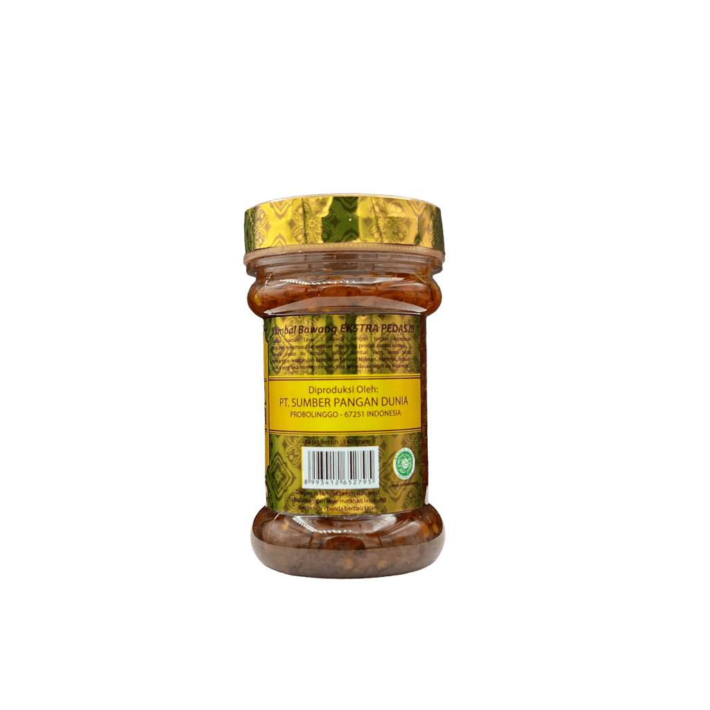 Sambal NAKNAN, scharfe Sambal Bawang Lv. 5 von Nesia, in einer Glasdose auf weißem Hintergrund.
