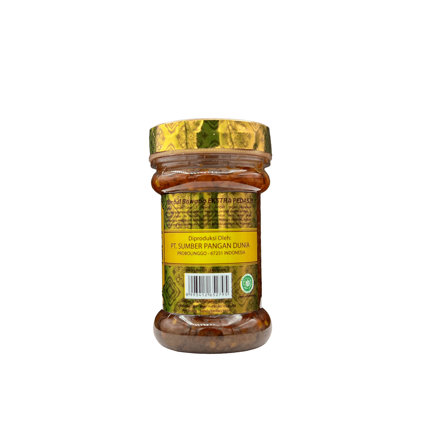 Sambal NAKNAN, scharfe Sambal Bawang Lv. 5 von Nesia, in einer Glasdose auf weißem Hintergrund.