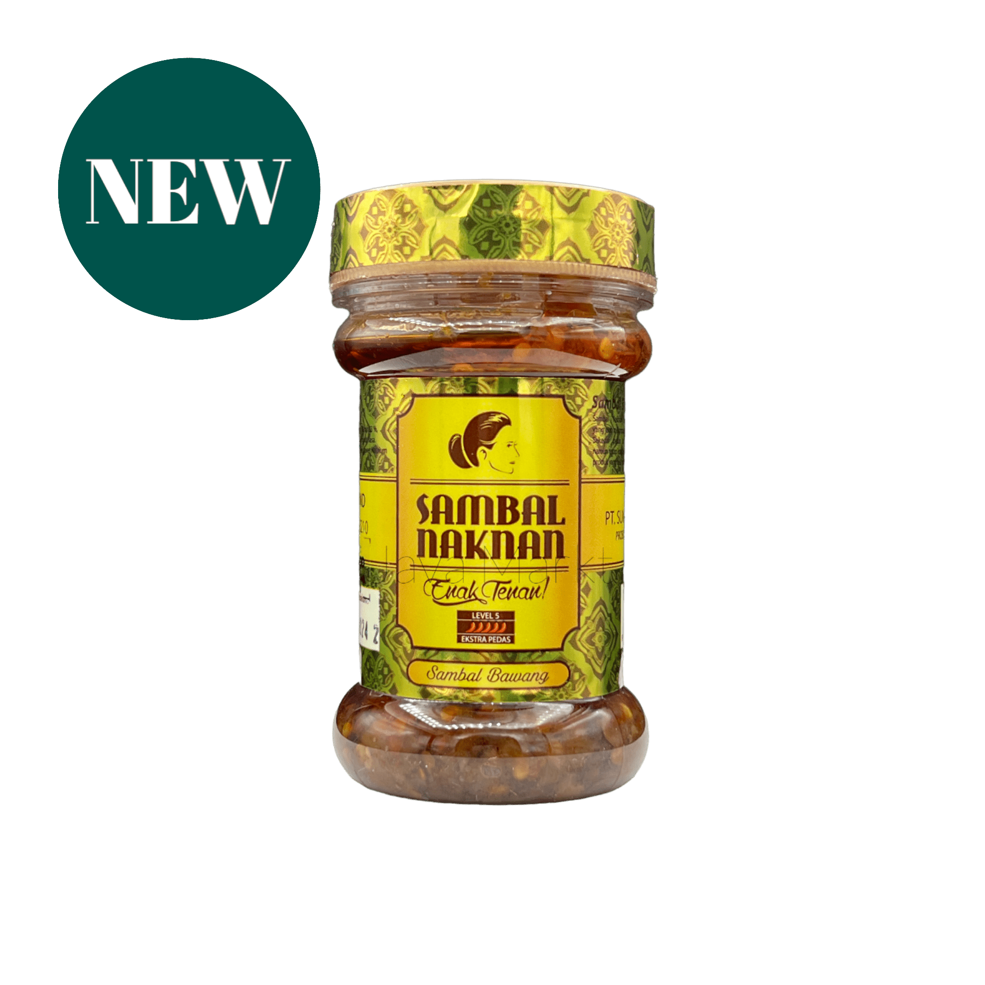 Sambal NAKNAN Sambal Bawang Lv. 5 von Nesia, scharfe sambal mit Knoblauch, in einer Glasdose auf einem Teller.