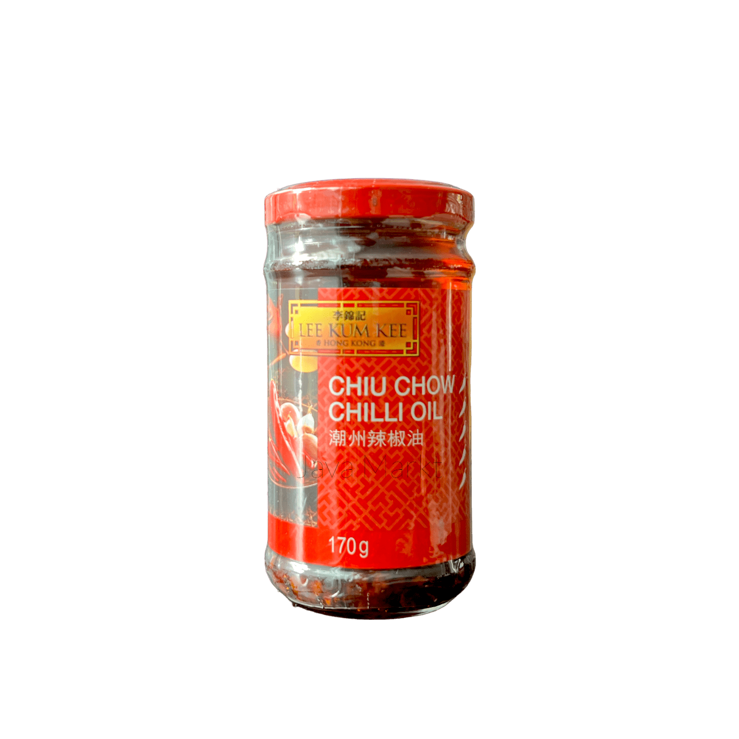 Chiliöl von Lee Kum Kee in einer Flasche, scharfe Chilisauce mit rotem Chili-Öl, für asiatische Gerichte.