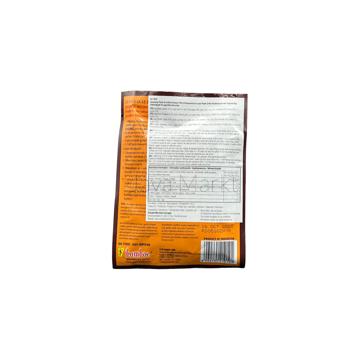 Bamboe Bumbu Ayam Bakar und Rujak Gewürzmischung von Oriental Merchant, Verpackung mit bunten Gewürzen auf weißem Hintergrund