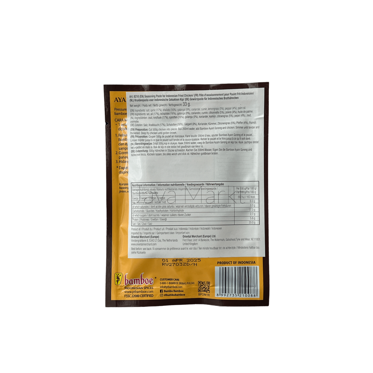 Bamboe Bumbu Ayam Goreng Gewürzpaste von Oriental Merchant, cremige Gewürzpaste für indonesisches Hühnchen.