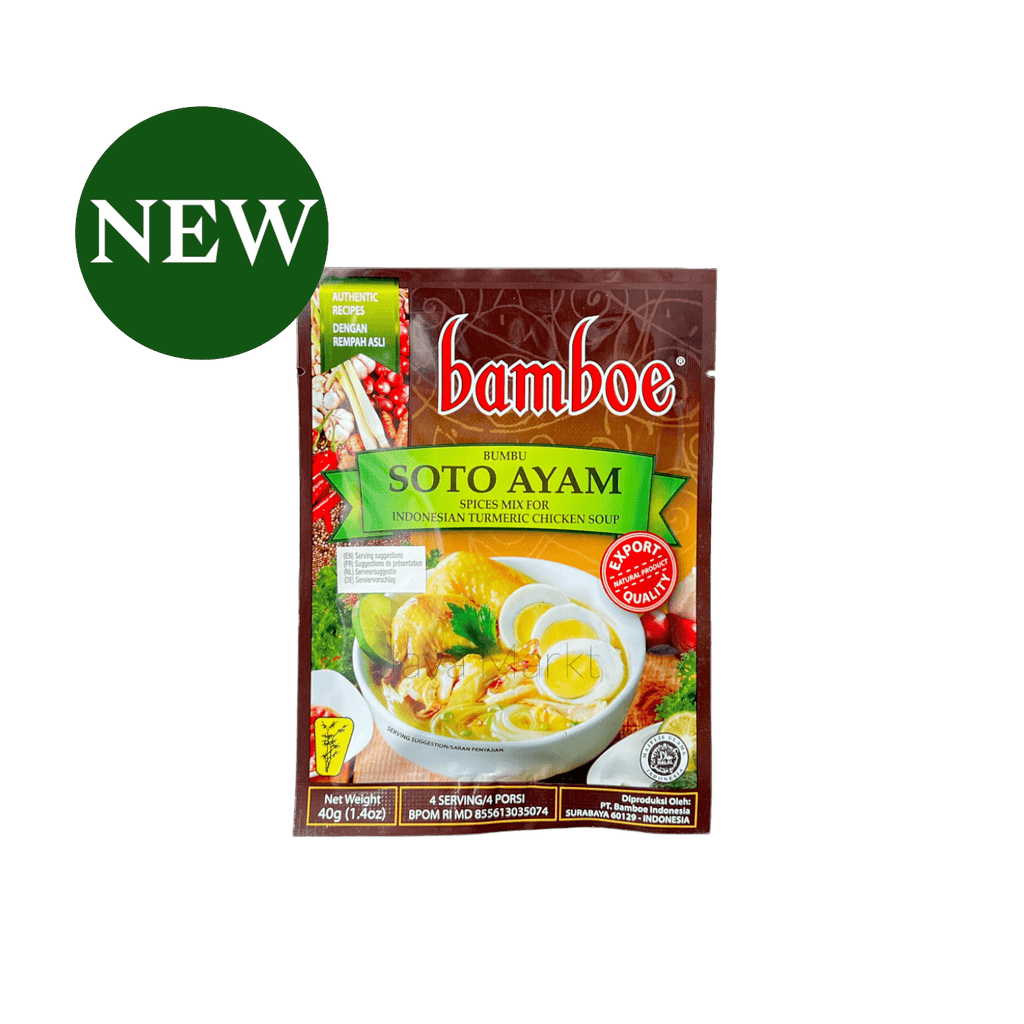 Bamboe Bumbu Soto Ayam Gewürzpaste von Oriental Merchant in einer offenen Packung, frisch und aromatisch für die Zubereitung.