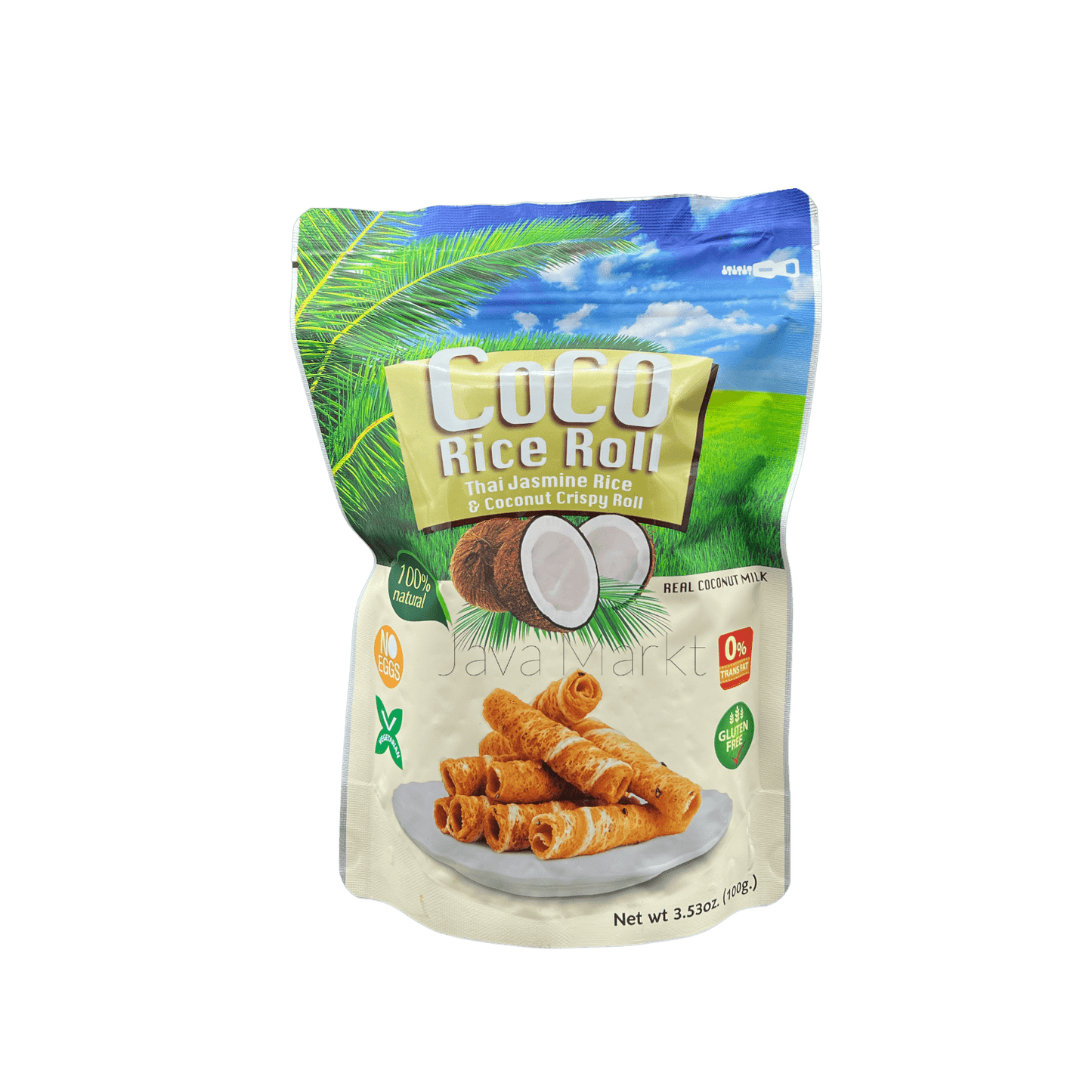 Coco Crispy Rice Roll Kekse von Oriental Merchant mit Kokosgeschmack, knusprig und goldbraun, auf weißem Hintergrund.