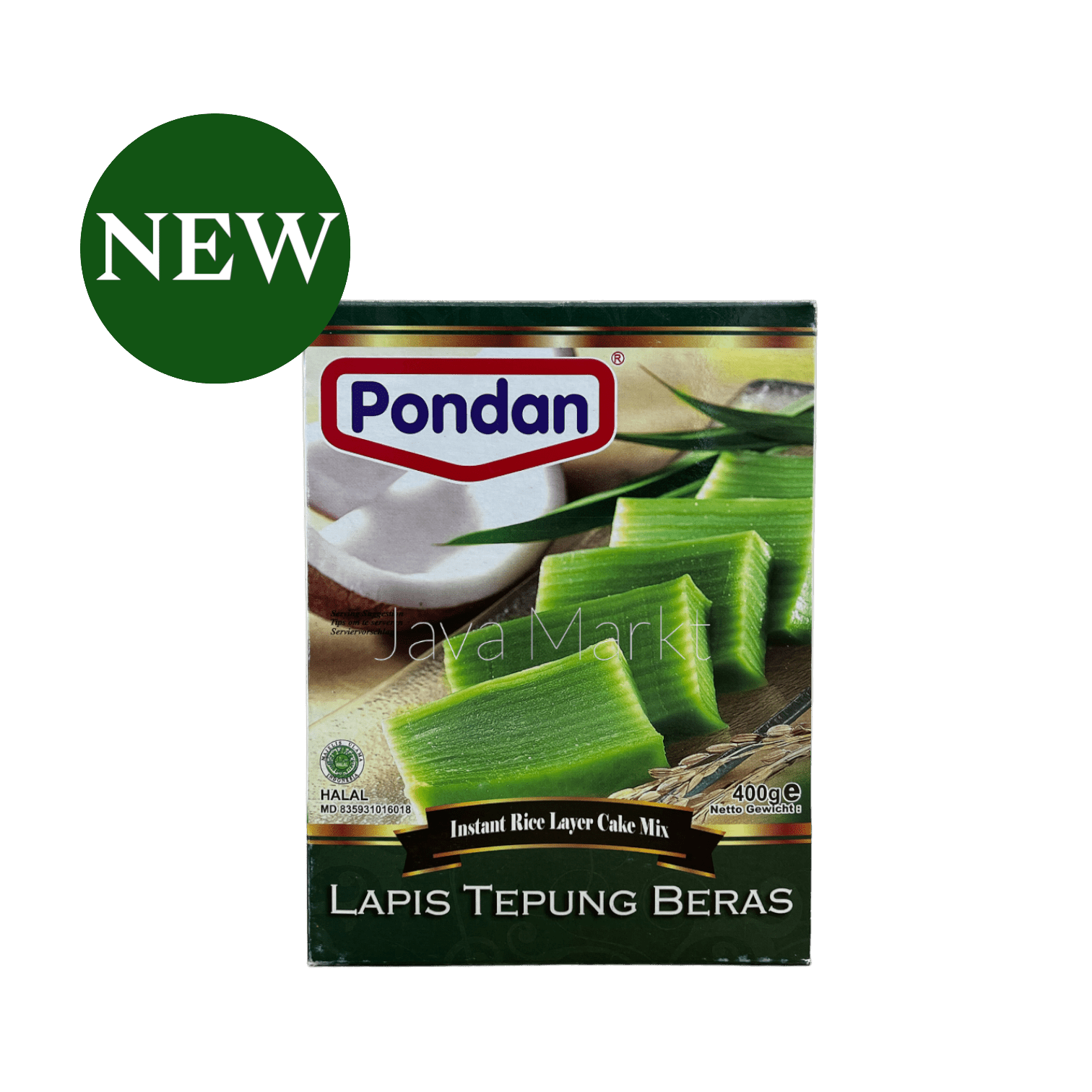 Vanka Kawat Pondan Lapis Tepung Beras Mehlmischung, feines weißes Reismehl für asiatische Gerichte, sichtbar in der Verpackung