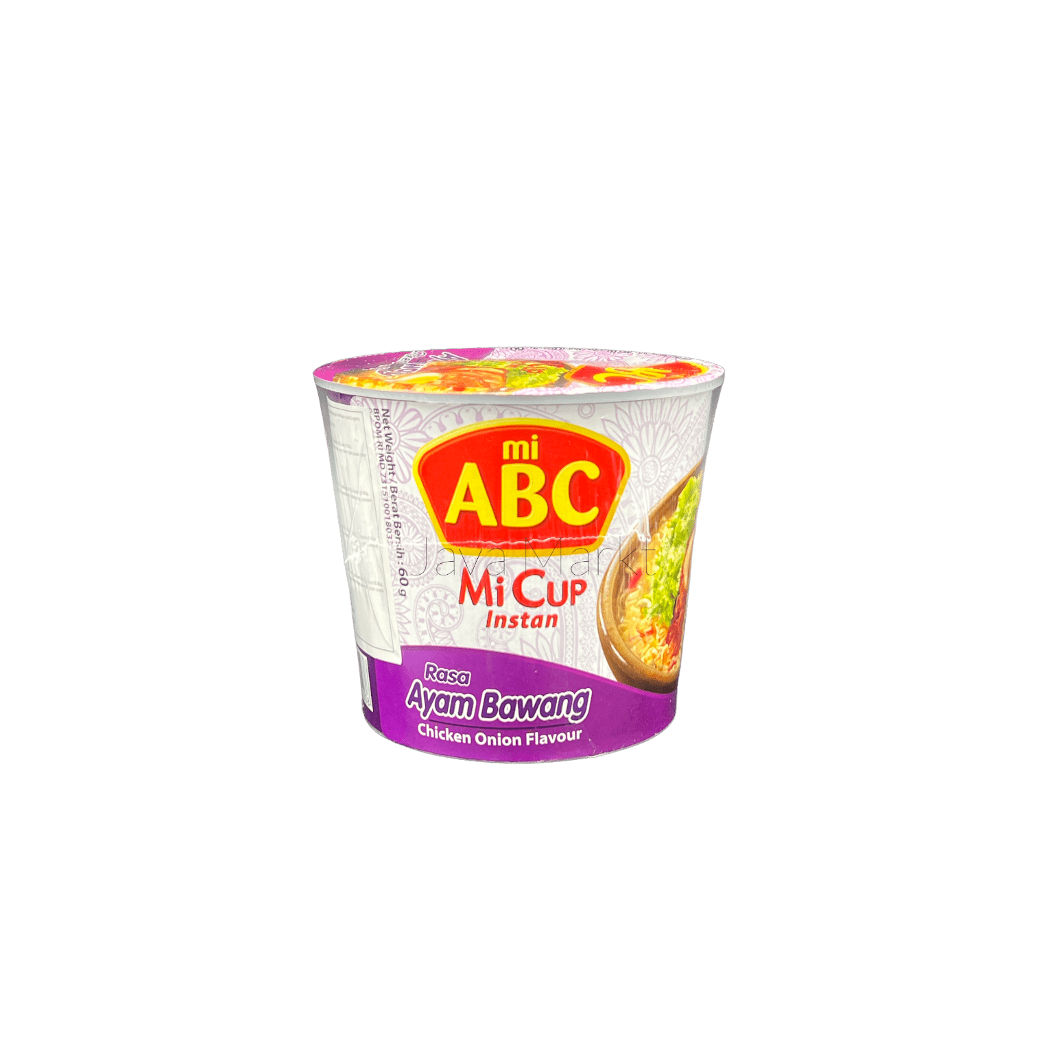Instant ABC Mi Cup mit Rasa Ayam Bawang, asiatische Nudeln in weißer Schüssel, von Oriental Merchant.