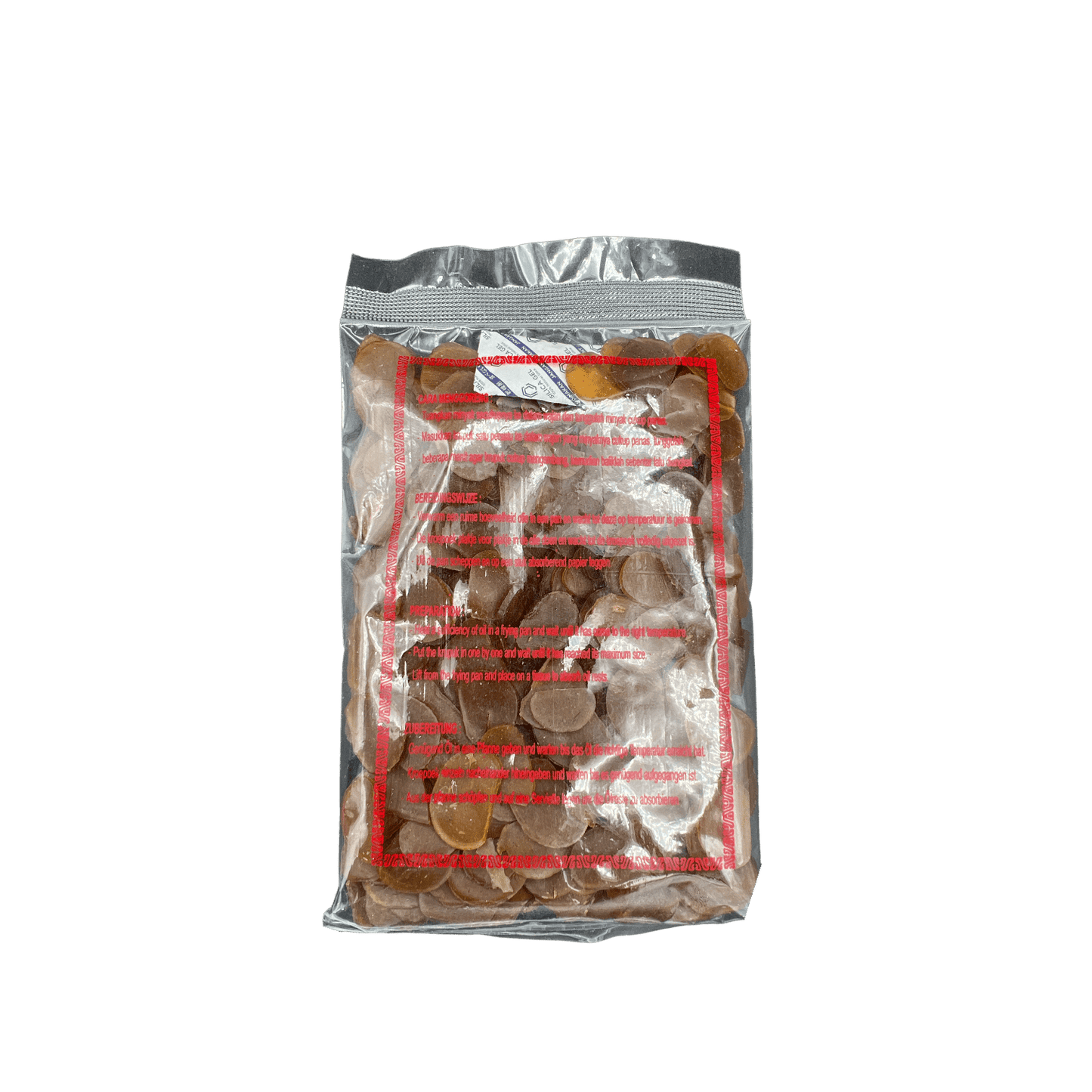 Knusprige Kerupuk Terasi von Vanka Kawat, traditionelle Chips mit würzigem Geschmack, in einer offenen Verpackung.