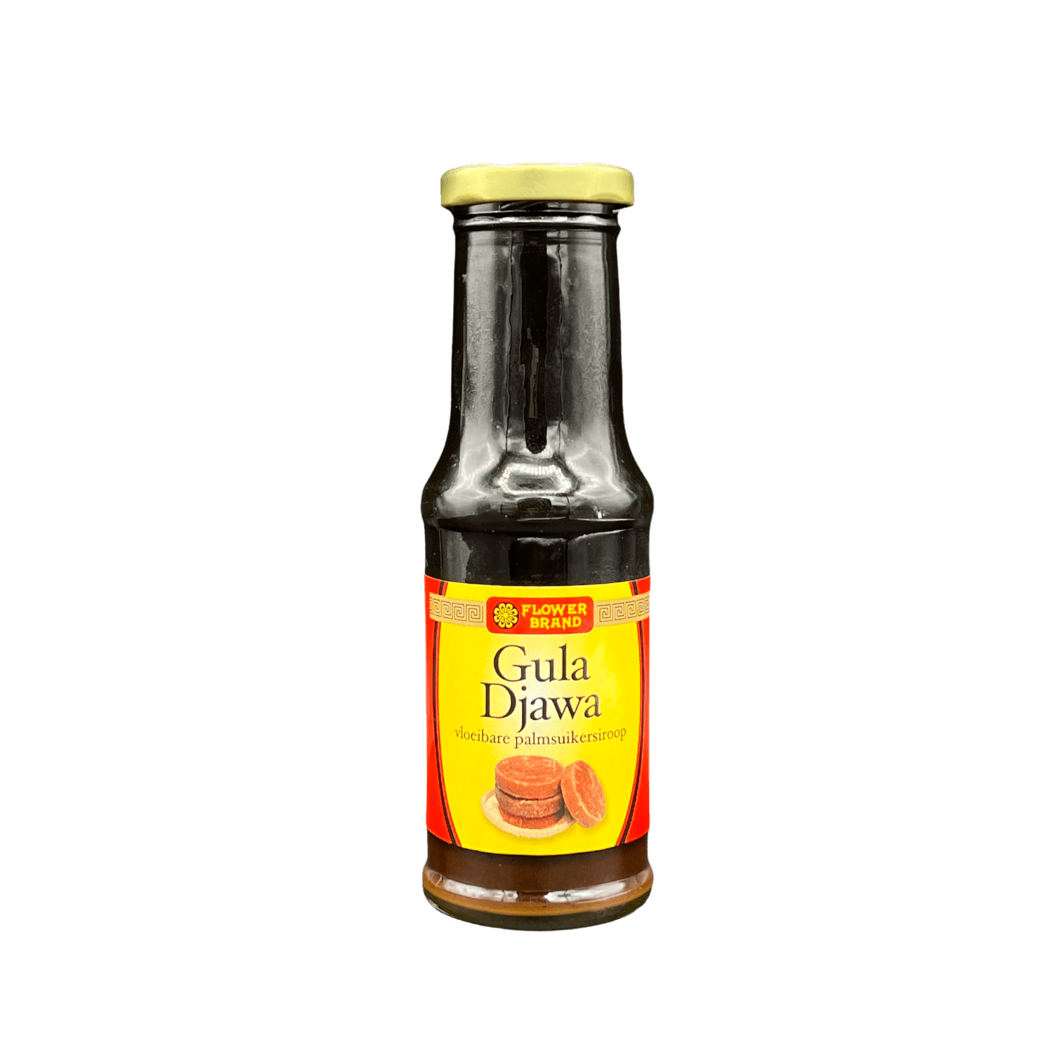 Flüssiger Gula Djawa von Flower Brand, Vanka Kawat, in einer Glasflasche auf einer Küchenarbeitsplatte.